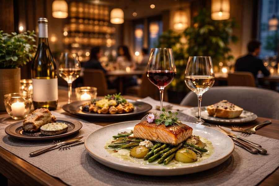 modern-svensk-restaurang-med-elegant-serverad-mat-16×9 Modern svensk restaurang med elegant serverad mat på bordet, vin i glas och varm belysning i en stilren miljö.